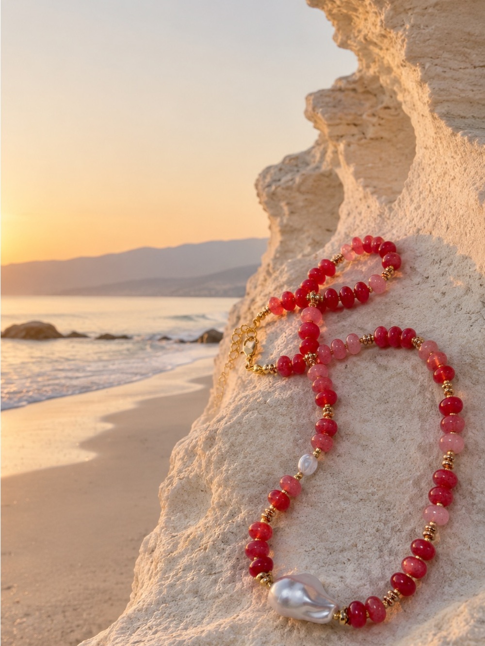 Handcrafted Red Bead Necklace with Baroque Pearl